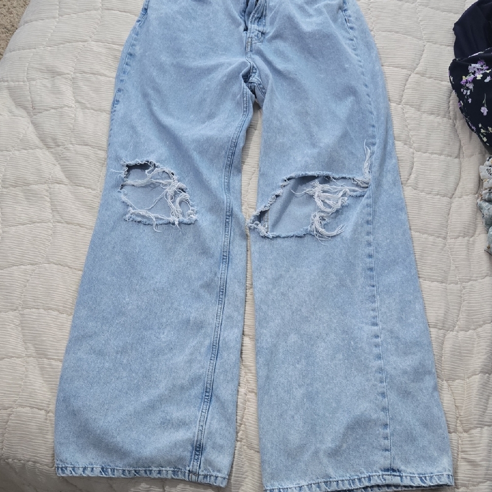 H&M Light Blue Distressed Wide-Leg Jeans